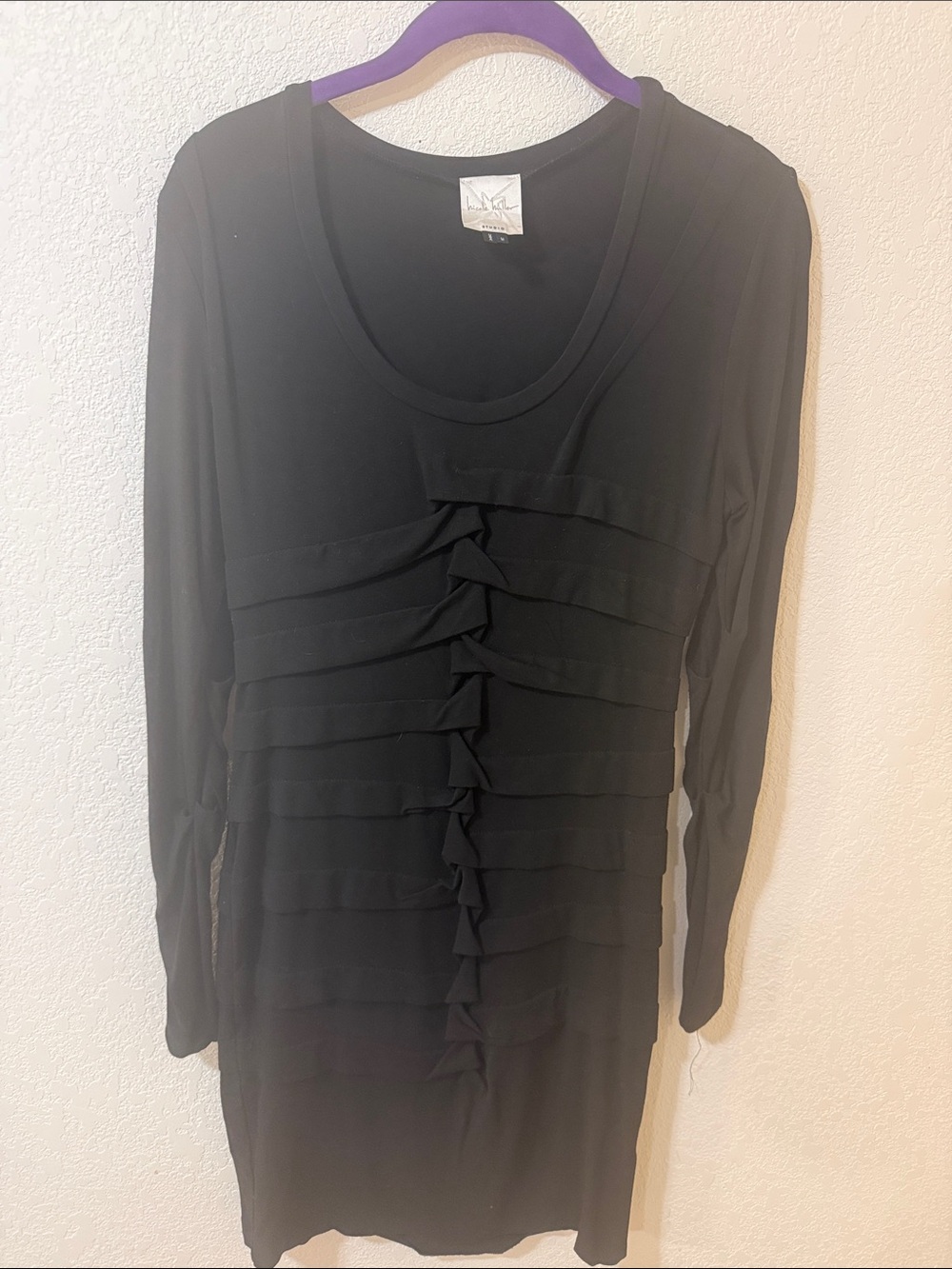 Nicole Miller Black Long Sleeve Ruffled Front Top